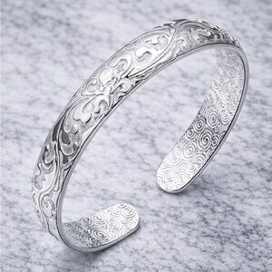 925 Sterling Silver Open Cuff Bangle Bracelet Engraved Adjustable Women Vintage